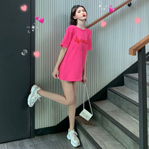 Short sleeve T-shirt female loose Korean summer 2021 new foreign style printing medium long round neck simple cotton body shirt