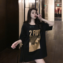 Black short sleeve T-shirt female loose foreign style Han fan 2021 New Long round neck cotton personality Big version