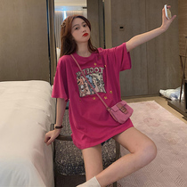 Rose red short sleeve T-shirt female loose Han fan 2021 New sequin long hipster round neck large version