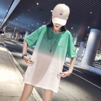 Short sleeve t-shirt women loose foreign style Han fan 2021 New light color long round neck cotton large version of the body