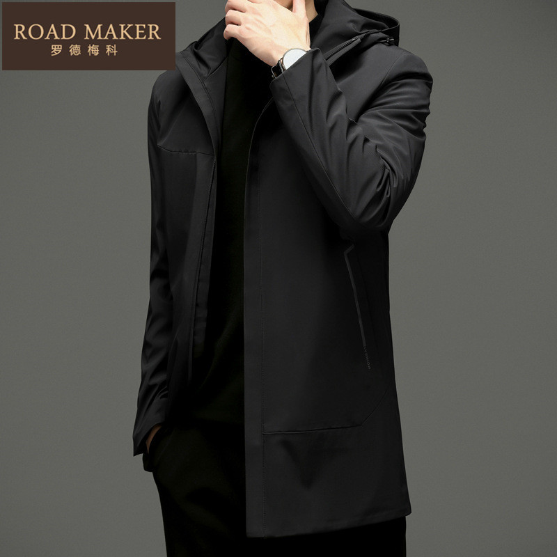 ROADMAKER2021 winter men's medium long version of the wind coat with cap windcoat jacket casual handsome gas plus cotton men
