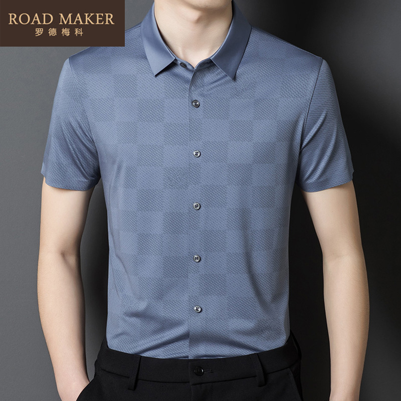 ROADMAKER2022 years Summer new plaid casual short sleeve male slim fit without mark T-shirt male middle age