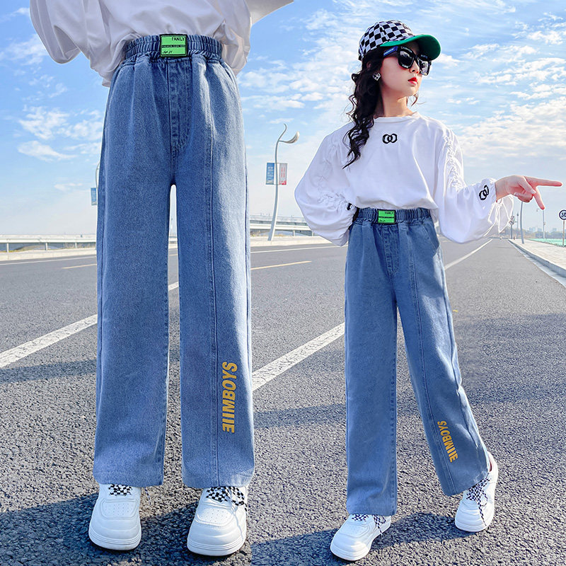 Girl Wide Leg Pants Jeans Fall 2022 New Children Great Boy Heu Body Straight Drum Girl Spring Autumn Slim Fit