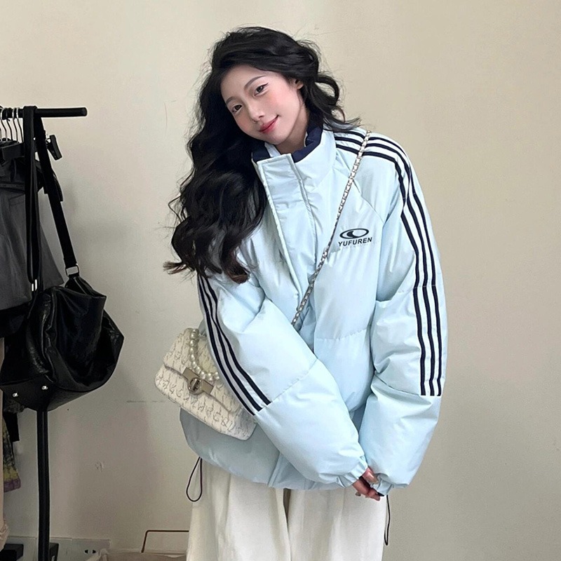 Зимняя стеганая куртка женская, новинка 2025 года, американский полосатый пуховик на подкладке, утолщенная студенческая стеганая куртка, модная одежда