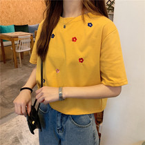 Large size summer clothes super fire cect shirt womens short-sleeved Hong Kong style short section high-waist umbilical student top European small shirt Western style