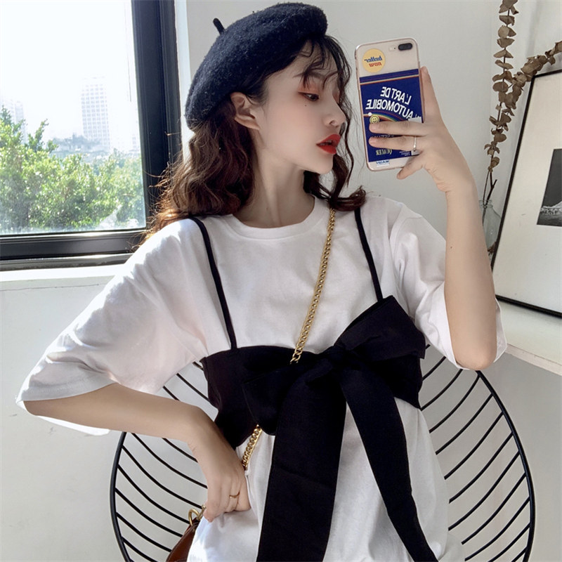 Hong Kong wind super fire cec short-sleeved T-shirt women loose lazy wind vest top two-piece set bow large size design sense