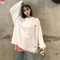 Spring and autumn Korean loose net red t-shirt womens long-sleeved ins super fire cec hole contrast bf lazy wind top tide