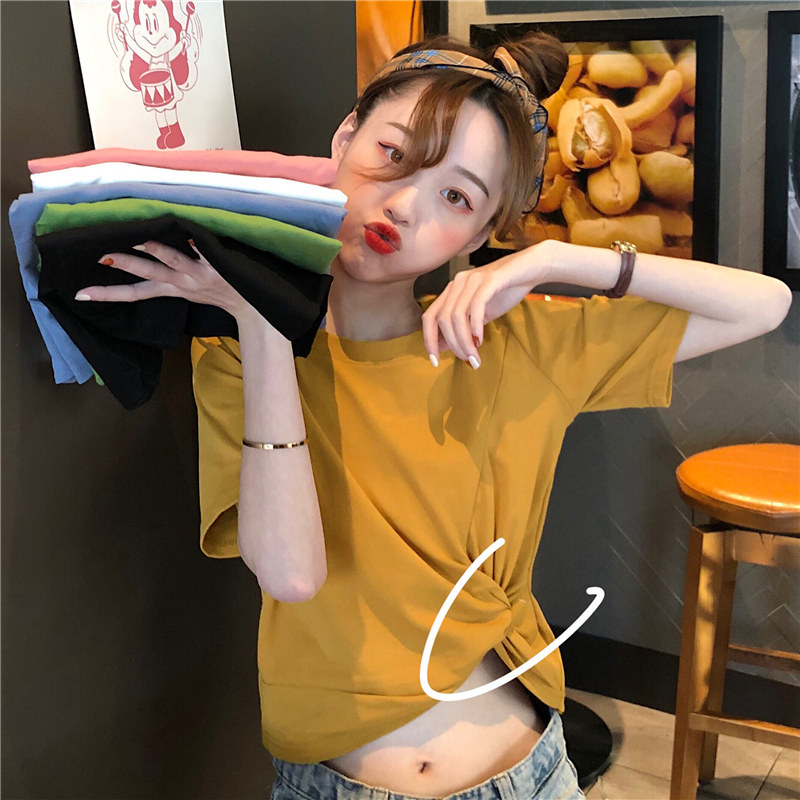 Summer net red ins tide solid color short slim t-shirt womens short sleeve Hong Kong style simple mschf top Korean version wild