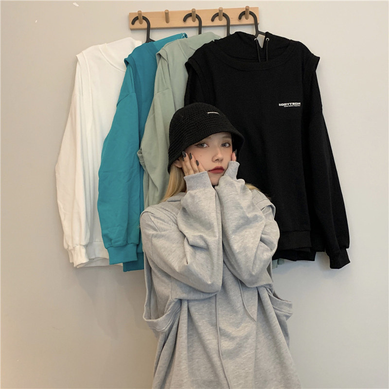 Spring and autumn outfit hooded fry street sweatshirt female harajuku BF vest vest fold to wear two sets of lovers all-match loose coat