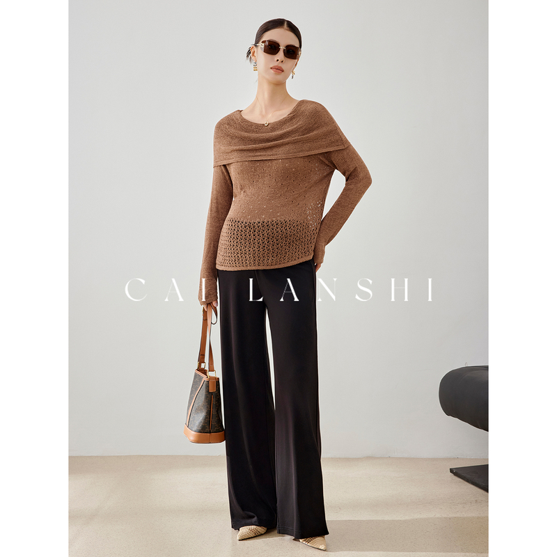 Colorful Blue Maternity Wear for Autumn, High-End One-Shoulder Hollow-Out Knitted Top, Loose and Slimming Maternity Wide-Leg Pants for Women