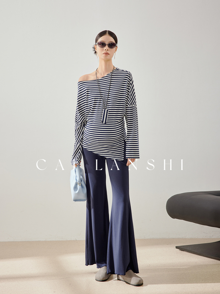 Cailanshi Maternity Wear 2026 Spring and Autumn Slimming Flared Pants Maternity Striped Long Sleeve T-Shirt Autumn Set — 2