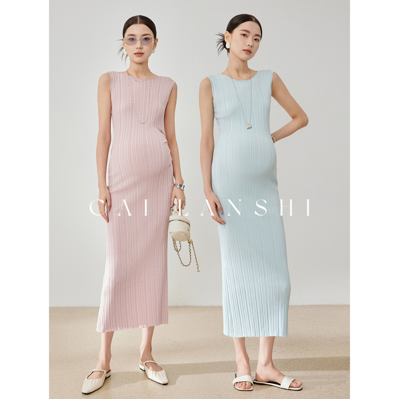 Cai Lanshi Maternity Dress 2026 Summer New Pleated Sleeveless Slimming Long Tank Dress for Pregnant Women