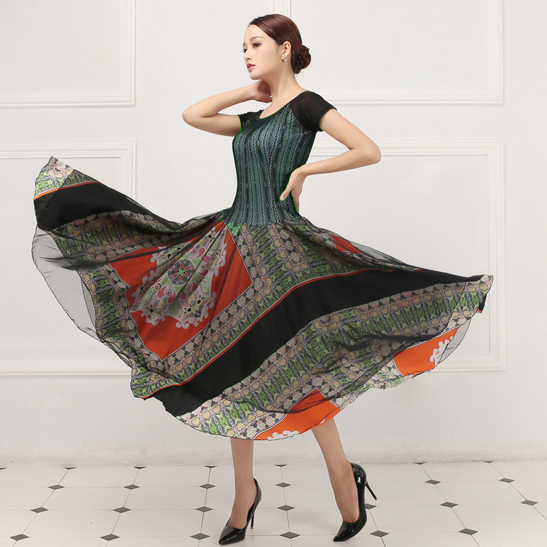 Spring and summer new women's short-sleeved ballroom dance dress Square dance modern dance dress practice clothing Chiffon dance skirt