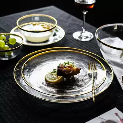 Japanese style Phnom Penh glass tableware Western steak plate Salad flat plate Household gold stroke banquet buffet plate