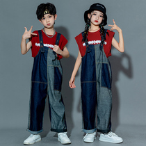 Children Trend Street Dance Suit Damp Boy Collage Denim Back Belt Pants Overalls Girl Jazz Dance Play Out