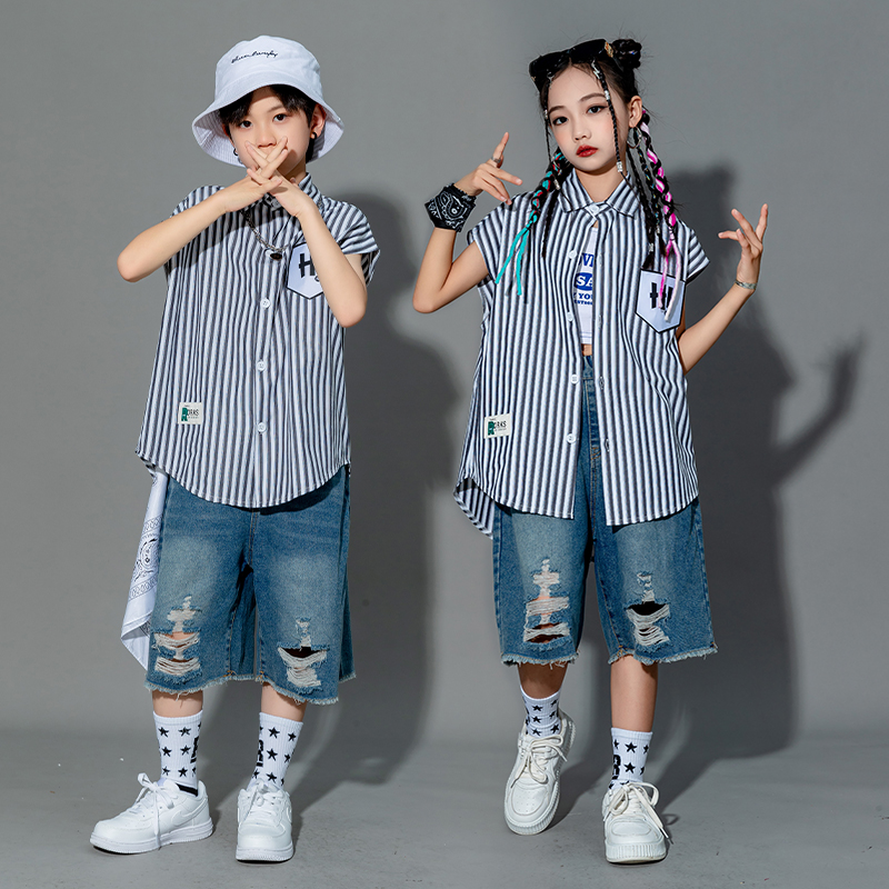Less Son Street Dance Performance Striped Shirt Tide Suit Male Girl Summer Hiphop Dance Hip Hop Performance Suit-Taobao