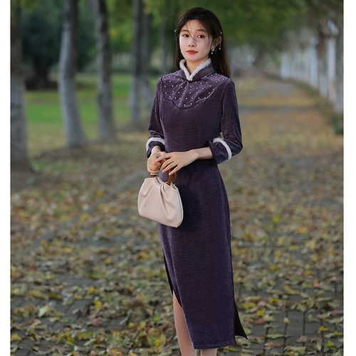 Сиреневое флисовое ретро ципао