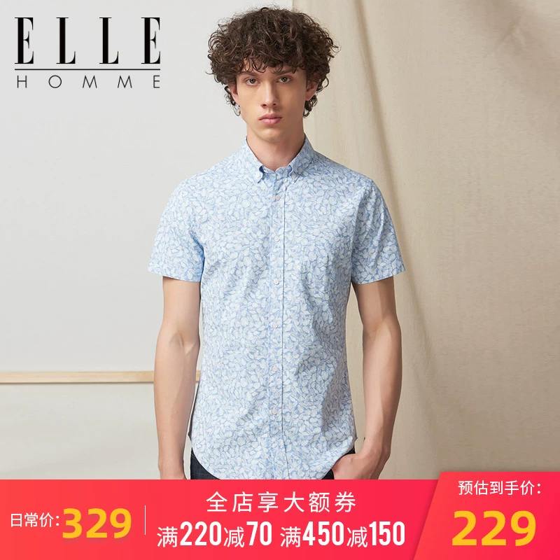 ELLE HOMME áo sơ mi nam tay ngắn cotton xu hướng kinh doanh bình thường 2020 mùa thu đông mới áo sơ mi nam in - Áo