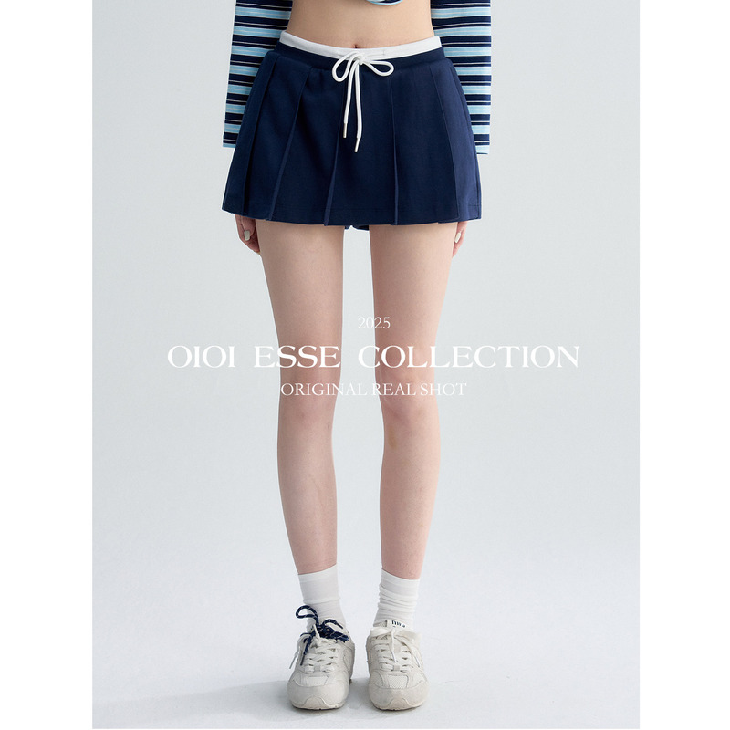 Oioi Esse | College Style Patchwork Contrasting Waistband Elegant Casual Pleated Skirt Pants Women's Drawstring Short Skirt Oioi Esse | College Style Patchwork Contrasting Waistband Elegant Casual Pleated Skirt Pants Women's Drawstring Short Skirt