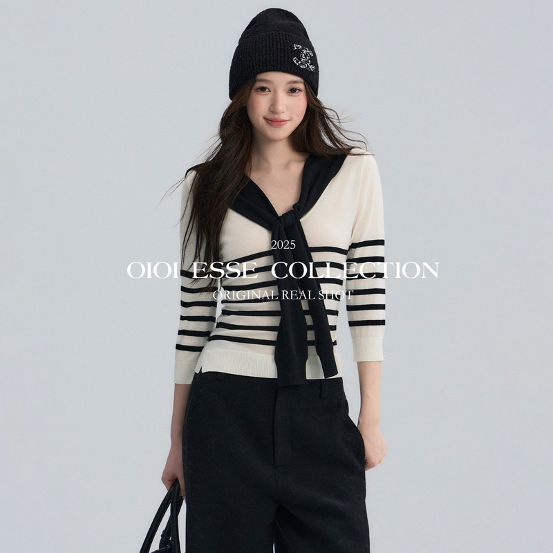 Oioi Esse｜Korean-Style Sailor Collar Shawl Striped Sweater for Women, Autumn and Winter Design Knit Top with Three-Quarter Sleeves
