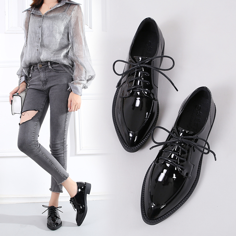 Tide Brack Little Leather Shoes Woman 2023 Spring New Leisure Black British Style Tip Rough Heels Single Shoes