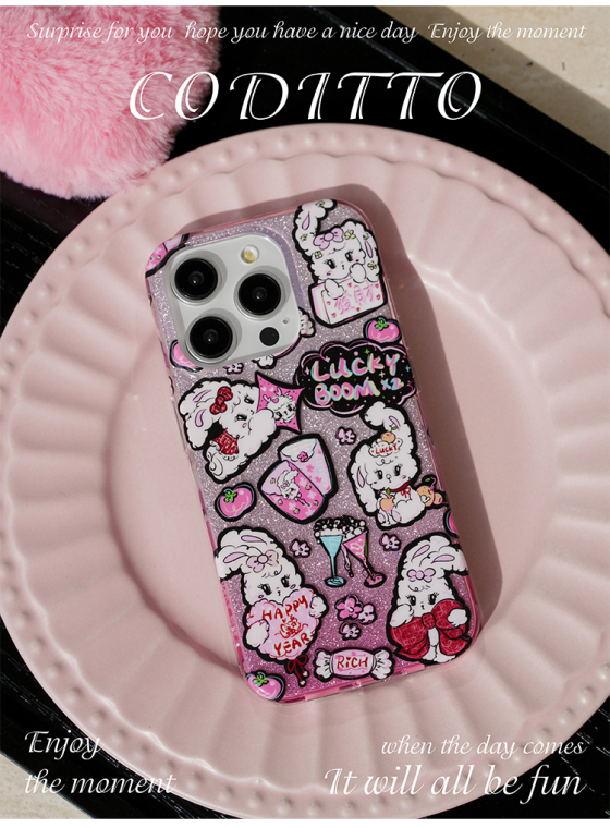 Cartoon Cute Bunny Sticker Collage Lucky Boom Happy Year Girls iPhone Case