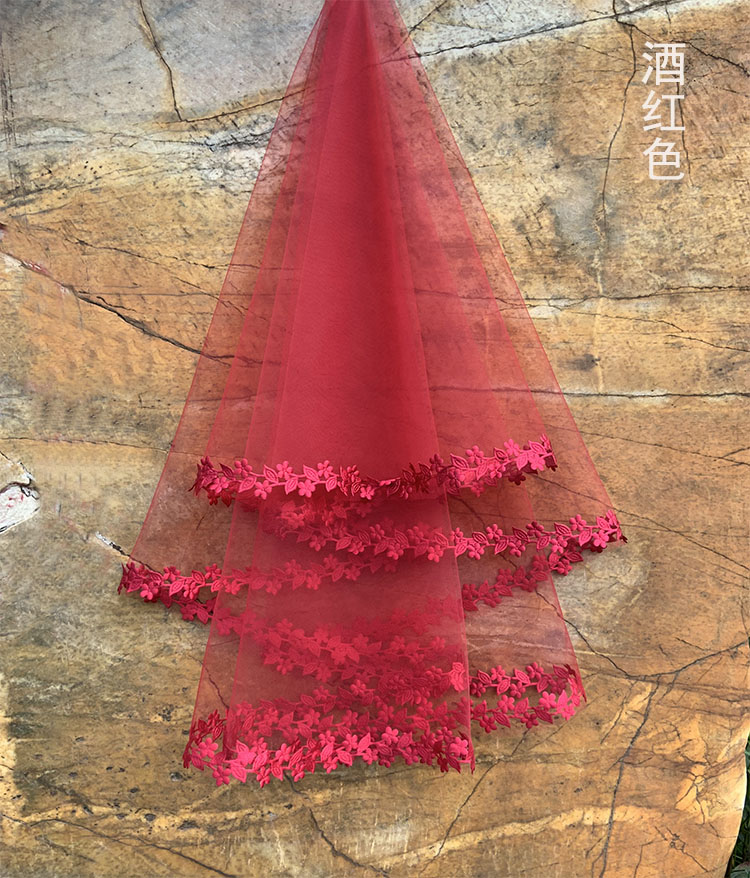 2020 new wedding dress red wine tulle black small lace bride wedding hijab short tail super long veil