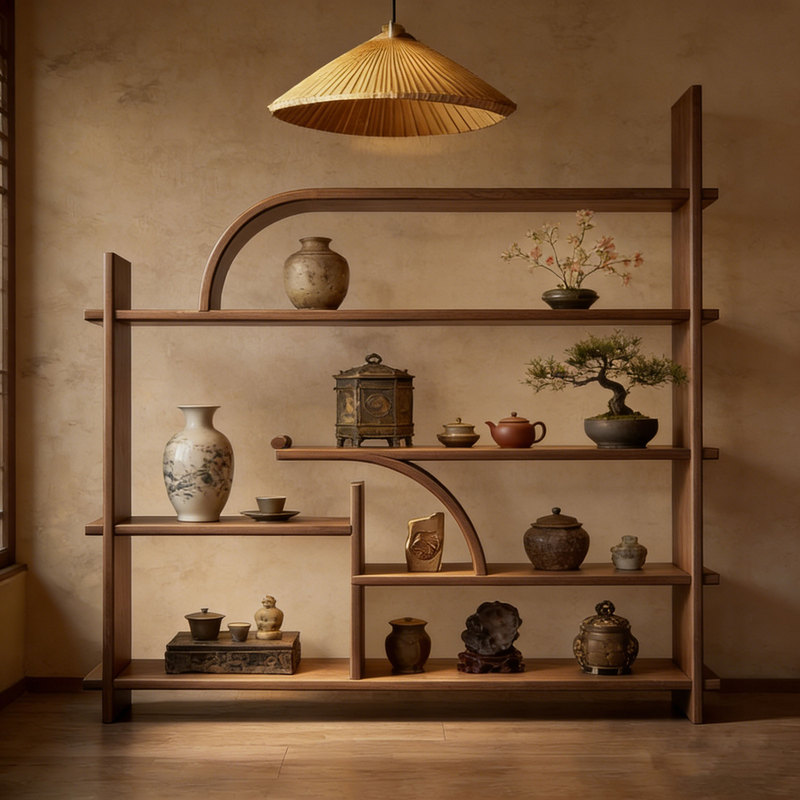 Song's Aesthetics Black Walnut Wood Curio Cabinet Tea Room Solid Wood Multi-Treasure Shelf Living Room Storage Rack White Ash Wood Display Rack