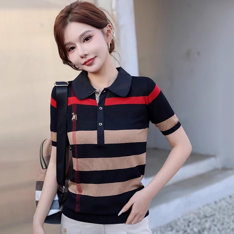 2025 Summer New Product British Style Contrast Striped Polo Collar Women's Slim Fit Versatile Thin Knitted Short-Sleeved T-Shirt
