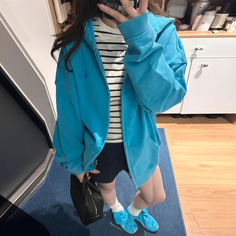 Lazy Style Blue Hooded Sweatshirt for Women, Thin, Loose, Casual, Relaxed, Embroidered Zipper Cardigan, Trendy Korean Style Jacket Lazy Style Blue Hooded Sweatshirt for Women, Thin, Loose, Casual, Relaxed, Embroidered Zipper Cardigan, Trendy Korean Style Jacket