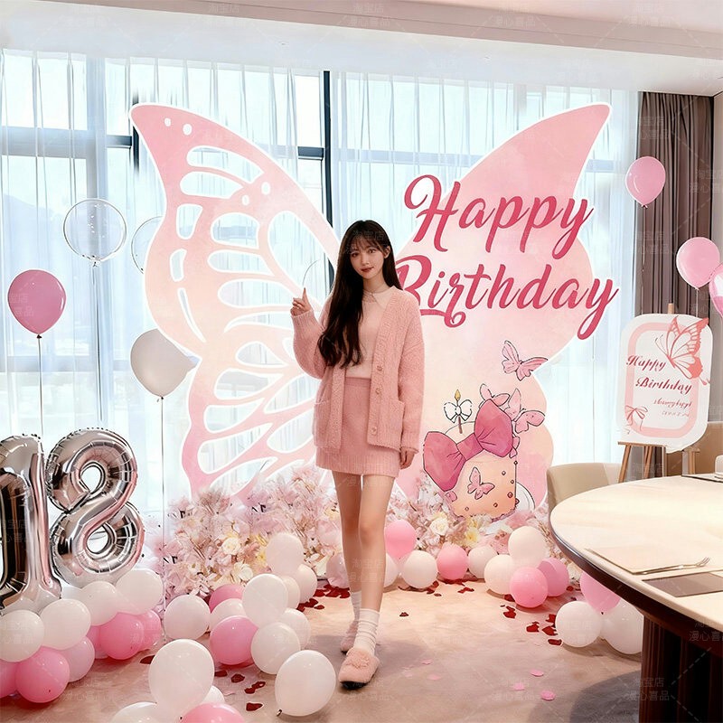 Girl's Coming-Of-Age Ceremony Birthday Decoration Butterfly Kt Board 18Th Birthday Party Atmosphere Setup Photo Welcome Sign Background