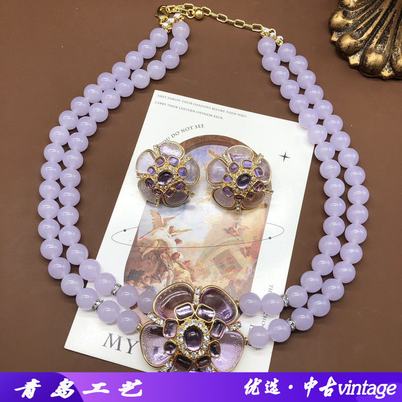 Medieval Palace-Style Purple Flower Earrings and Necklace Set, Vintage Antique Jewelry, Medieval Style, Retro