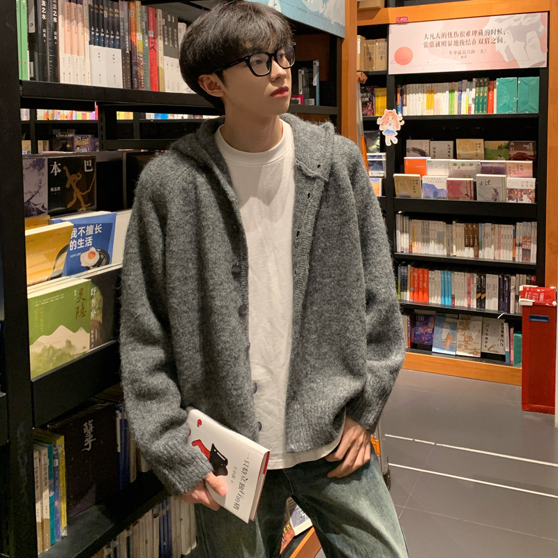 Clear Mist Wool Blend Button-Up Hooded Sweater Knitwear Cleanfit Autumn and Winter Two-Tone Couple Lazy Style