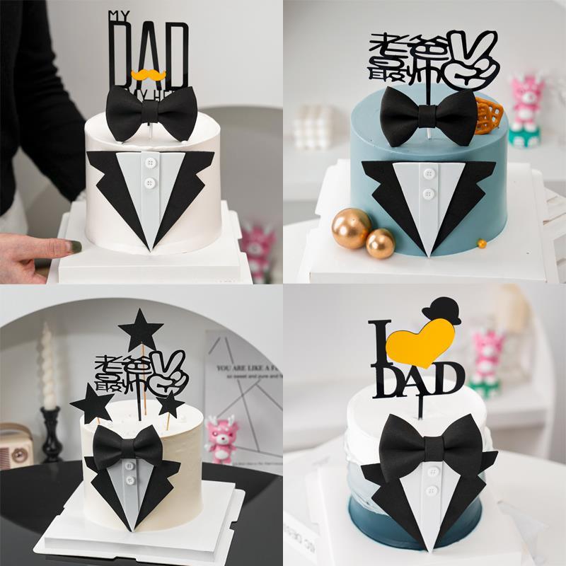 Father's Day 2025 Cake Decoration Acrylic Card Insert for Dad with Suit and Bow Tie Design, Happy Father's Day to Dad Insert