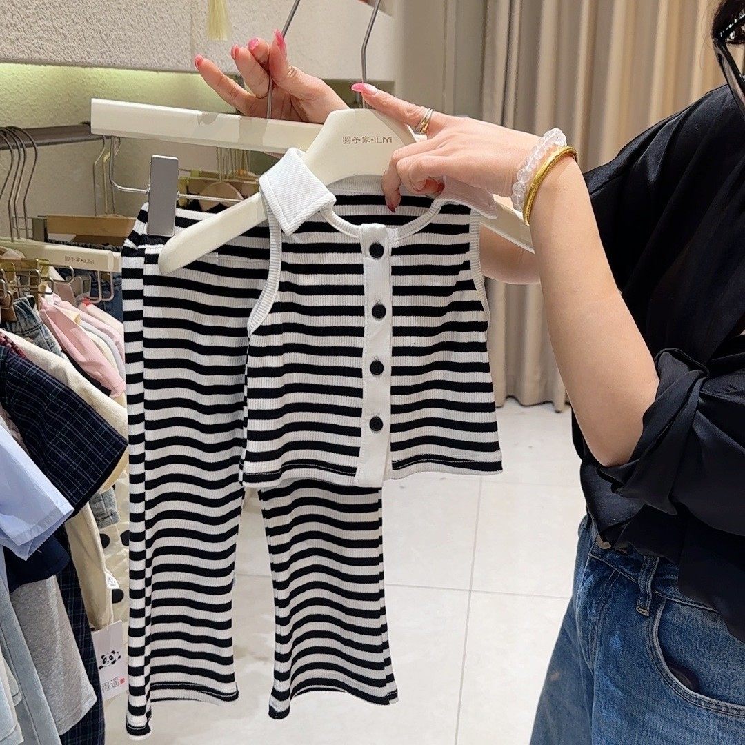 Одежда для девочек модный милый костюм с короткими рукавами в западном стиле, корейская версия детского тонкого костюма в полоску