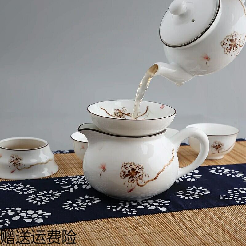 Kung Fu tea set tea cup ceramic set home complete set of ancient tea ceremony Jingdezhen 6 people modern living room hand-painted cover bowl
