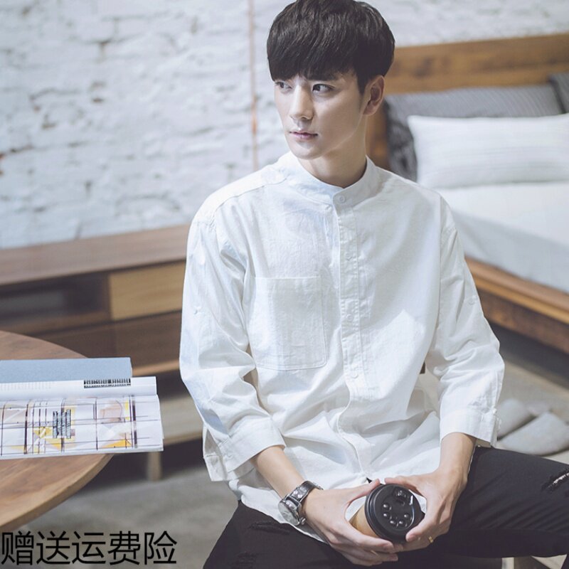 Autumn Korean fashion men's loose collar black long fashion shirt inch clothes 7 seven-point sleeve handsome leisure