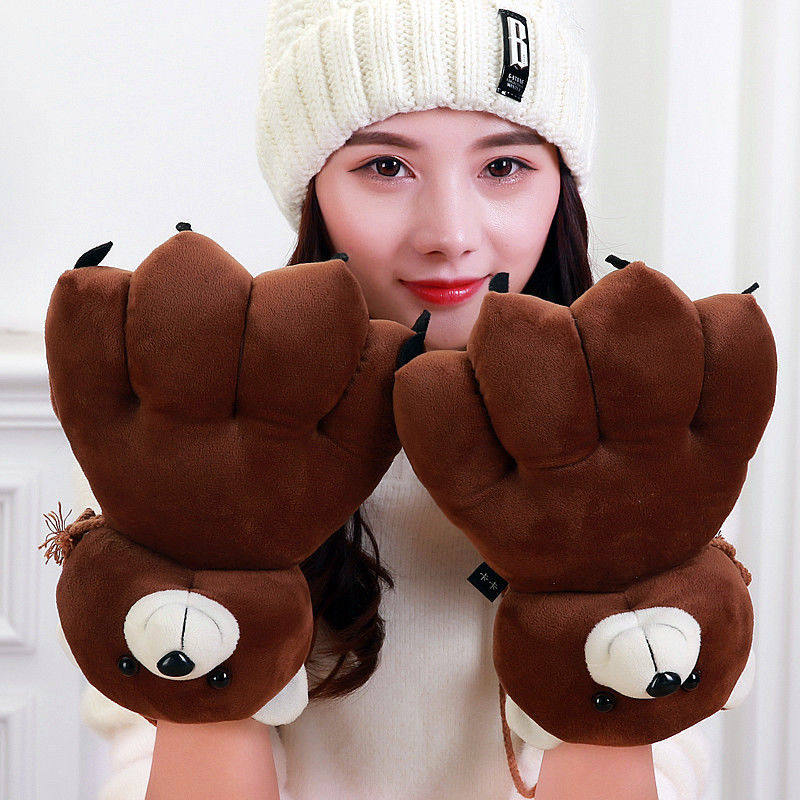 Orc gloves gloves men and women winter warm plush cartoon cute teddy bear cute plus fleece student hanging neck