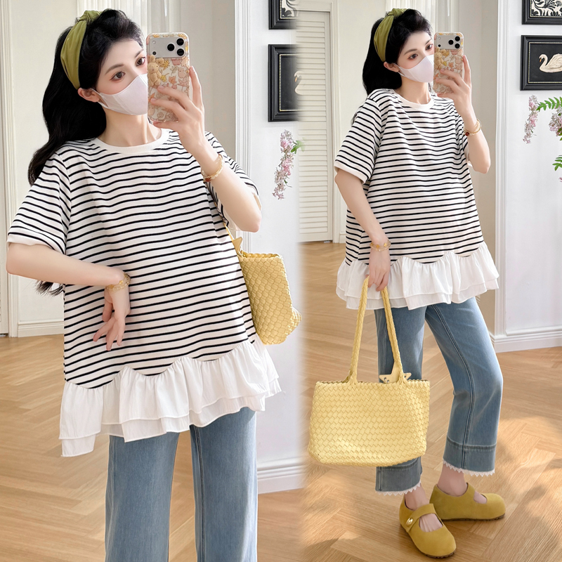 Maternity Tops, Summer Clothes, Belly-Covering Babydoll Shirts, Striped Short-Sleeved T-Shirts That Don'T Show Pregnancy, Stylish Pregnancy Outfits, Pants Suits