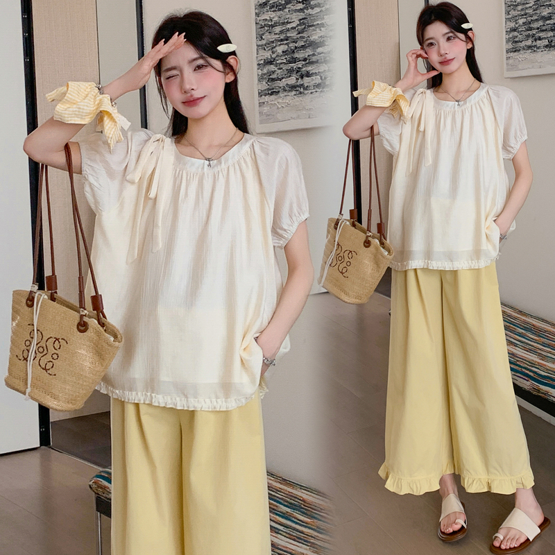 Maternity Tops Summer Wear 2026 New Style Belly-Covering Short-Sleeve Babydoll Shirt That Doesn'T Show Pregnancy, Stylish Pants Set Complete Set