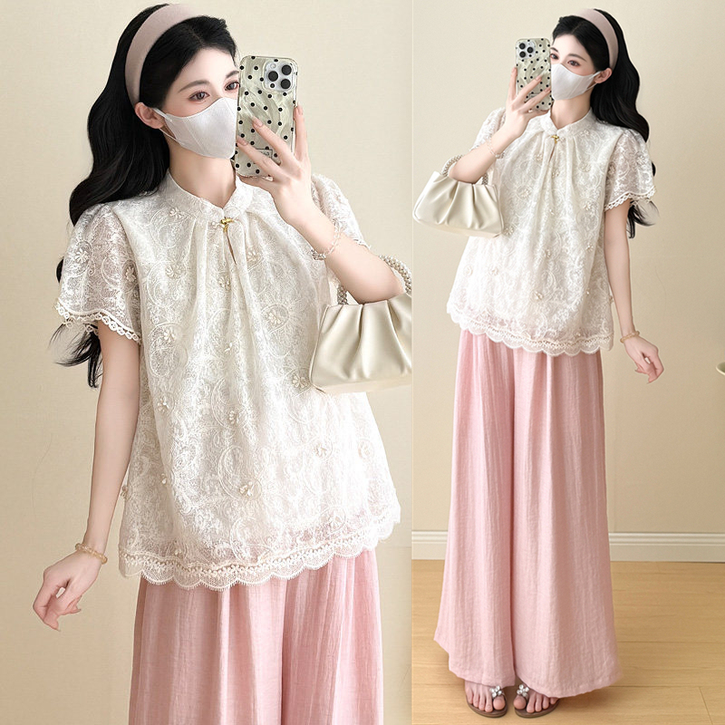 Maternity Tops, Summer Clothes, Cover the Belly during Pregnancy Without Showing Pregnancy, Stylish Doll Shirts, New Chinese Style Short-Sleeved High-End Pants Suits