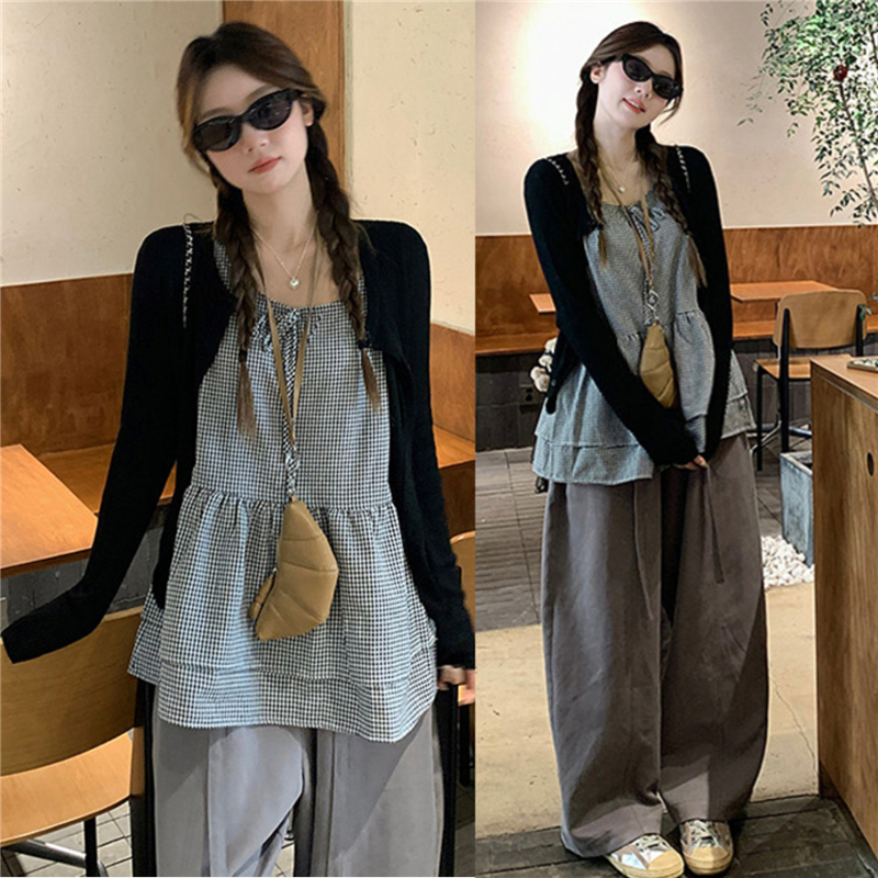 Maternity Tops, Spring Wear, Long-Sleeved Babydoll Shirt Two-Piece Set, Stylish and Not Revealing Pregnancy, Maternity Wear, Spring New Style, Wide-Leg Pants
