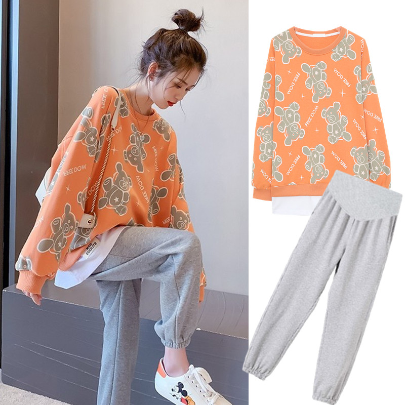 Pregnant women's clothing spring clothing autumn and winter pregnant women suit Spring and autumn new fashion goes out 2021 Cavet blouse Women's two sets