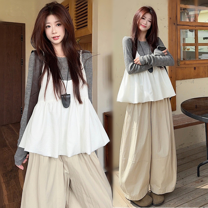 Maternity Tops, Spring & Fall, Korean Style, Loose-Fitting, Belly-Covering, Long-Sleeved Babydoll Shirt, Two-Piece Maternity Suit, Spring Suit, Wide-Leg Pants