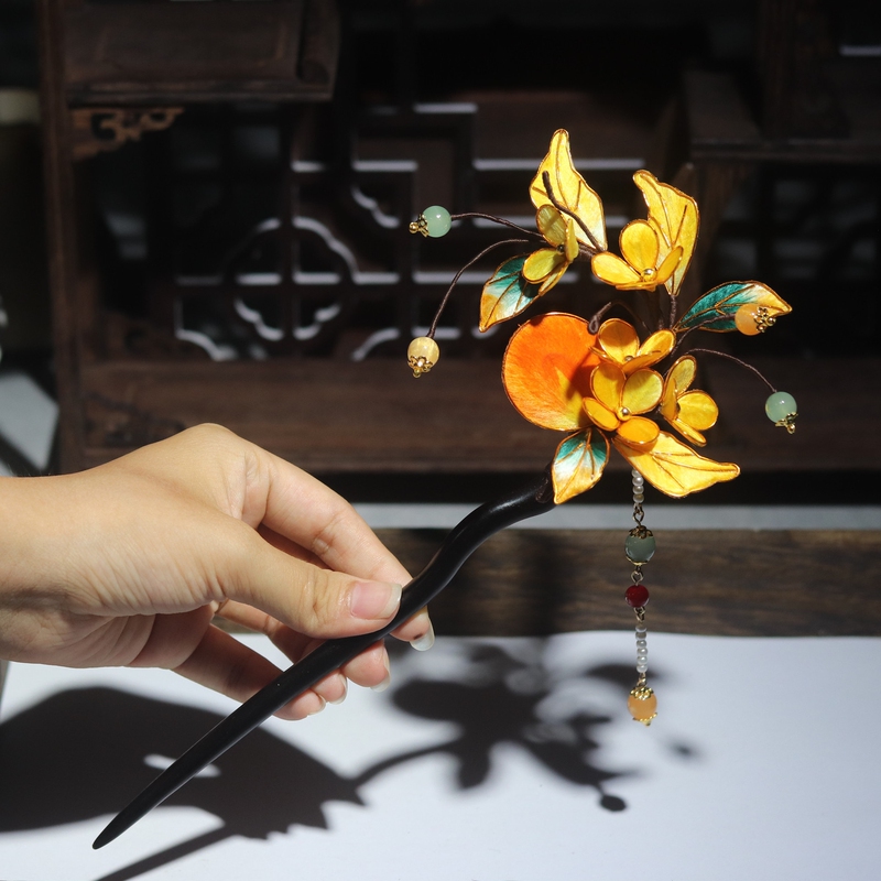 Intangible Cultural Heritage Filigree Silk Velvet Flower Ebony Hairpin Hairpin Osmanthus Guanghan Palace Chang'E Fairy Hair Accessories Han Dynasty Set