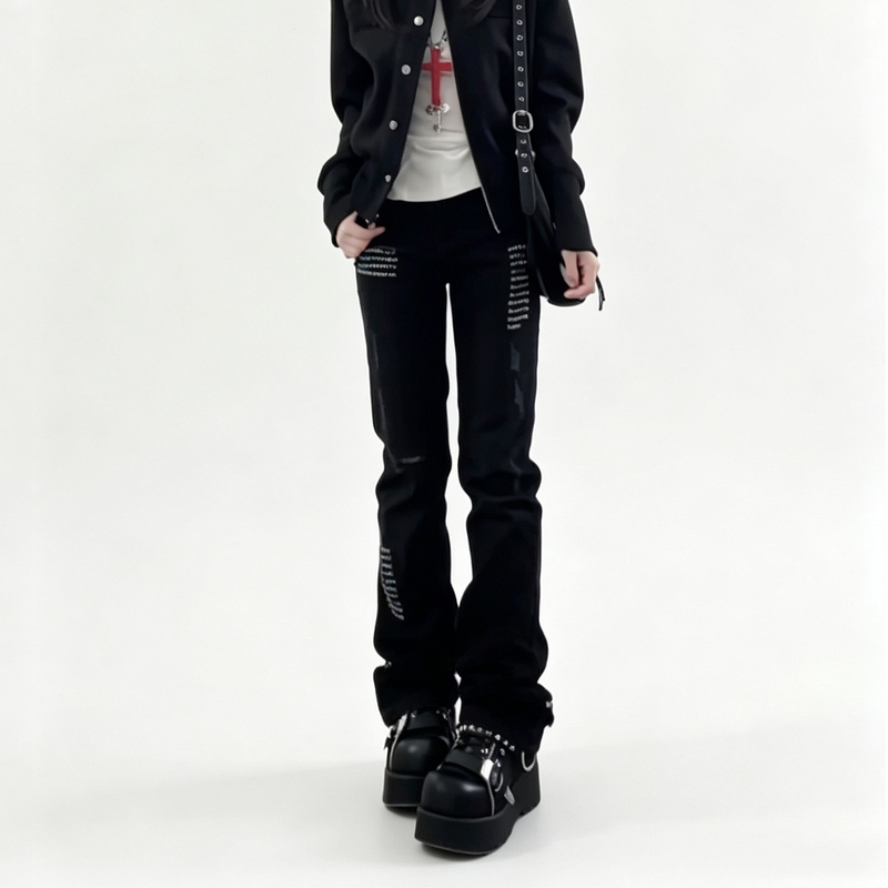 Y2K Light Subculture Studded Black Flared Jeans for Women, Autumn, Plus Size, Ripped, High-Waisted, Slimming Pants for Chubby Women