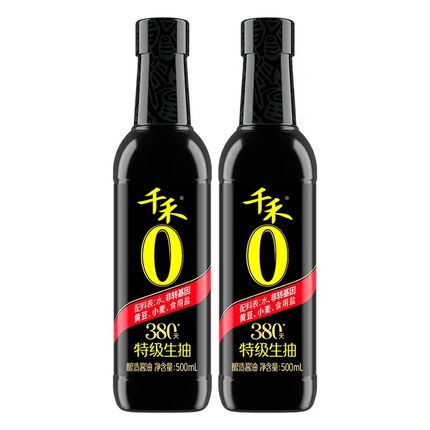 千禾零添加头道原香380天酱油生抽500mL*2酿造炒菜调味旗舰店正品