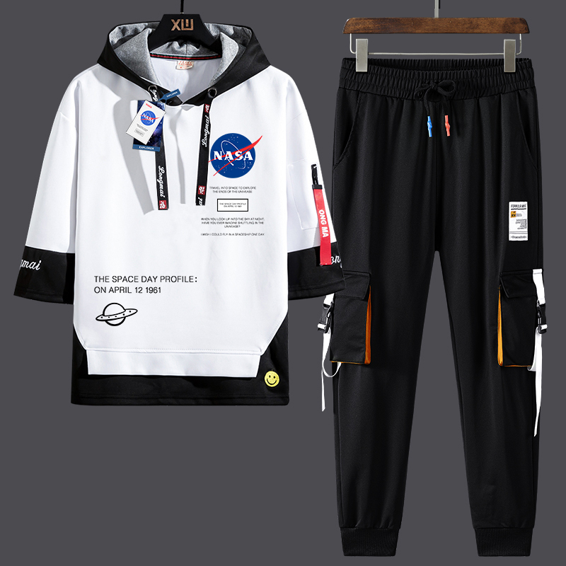 Nasa Co-Branded Flagship Store Student Short-Sleeved T-Shirt Men's Casual Three-Quarter Sleeve Top Work Pants Men's Two-Piece Set