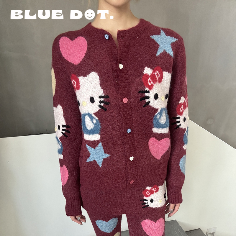 Bluedot Celine Kwan Collaboration Kitty Round Neck Knit Cardigan and Tight-Fitting Mid-Length Pants