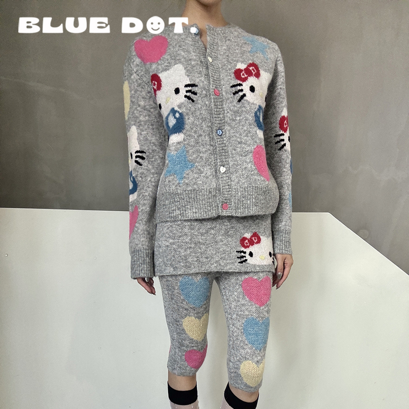 Bluedot Celine Kwan Collaboration Kitty Round Neck Knit Cardigan and Tight-Fitting Mid-Length Pants